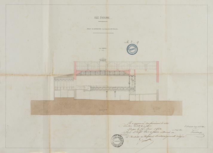 Ville d’Auxonne. Projets de réparations à la salle de spectacle. [Coupe longitudinale]. 3 mai 1842.