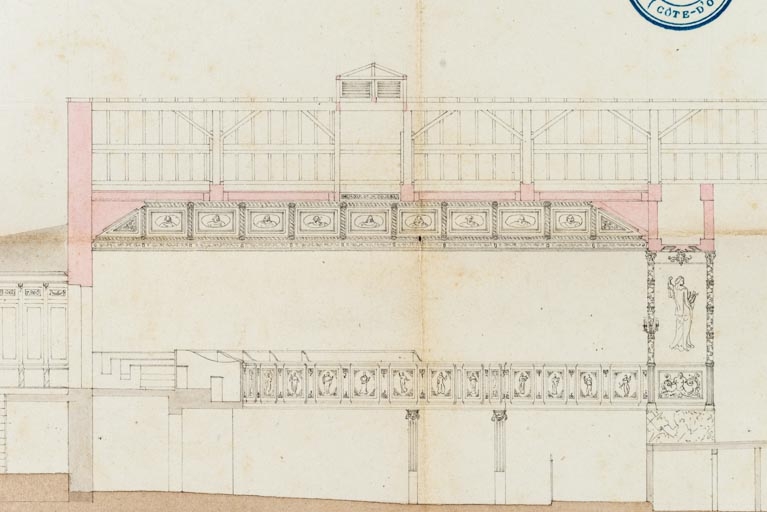 Ville d’Auxonne. Projets de réparations à la salle de spectacle. [Détail de la coupe longitudinale]. 3 mai 1842.