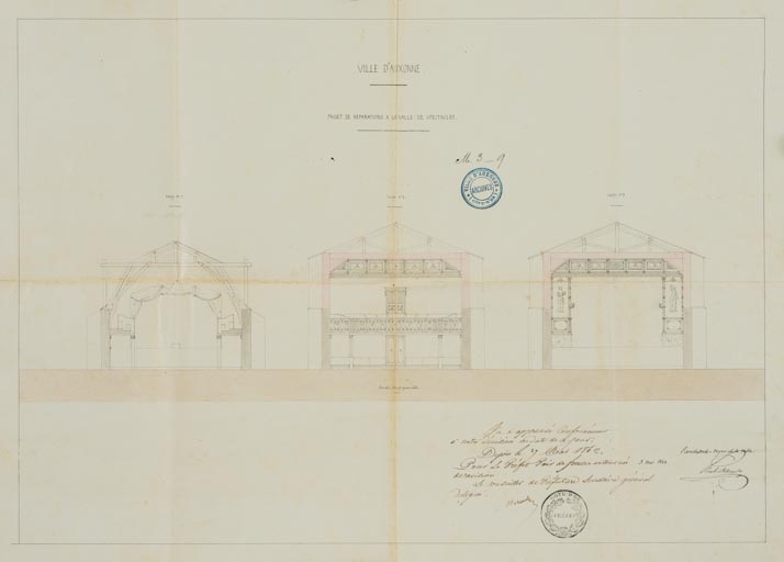 Ville d’Auxonne. Projets de réparations à la salle de spectacle. [Coupe transversale]. 3 mai 1842.