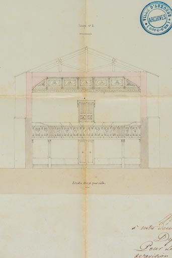 Ville d’Auxonne. Projets de réparations à la salle de spectacle. [Détail de la coupe transversale : côté entrée]. 3 mai 1842.