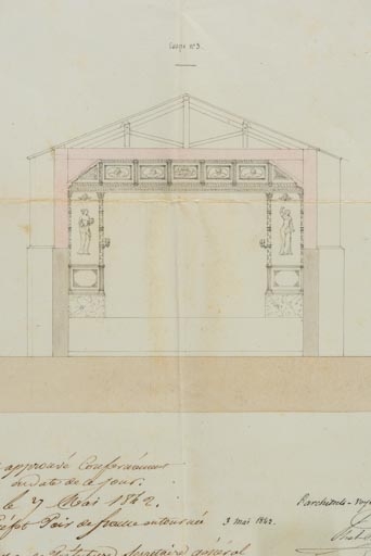 Ville d’Auxonne. Projets de réparations à la salle de spectacle. [Détail de la coupe transversale : côté scène]. 3 mai 1842.
