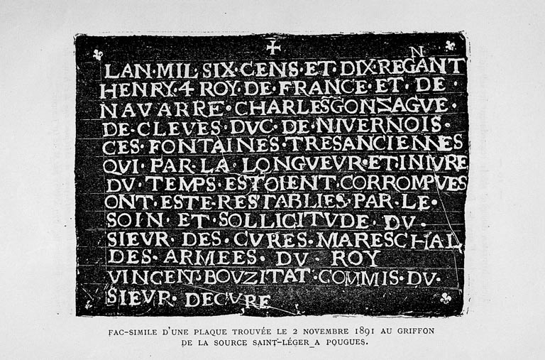 Fac-similé d'une plaque datée de 1610 et trouvée en 1891 au griffon de la source Saint-Léger.