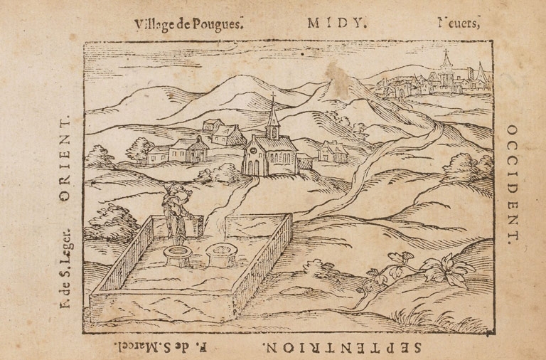 Situation des fontaines Saint-Léger et Saint-Marceau sur une gravure du Discours de l'origine des fontaines (1595) d'Antoine Du Fouilloux.