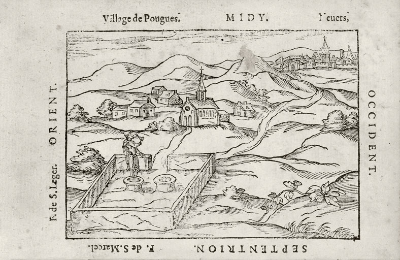 Situation des fontaines Saint-Léger et Saint-Marceau sur une gravure du Discours de l'origine des fontaines (1595) d'Antoine Du Fouilloux.