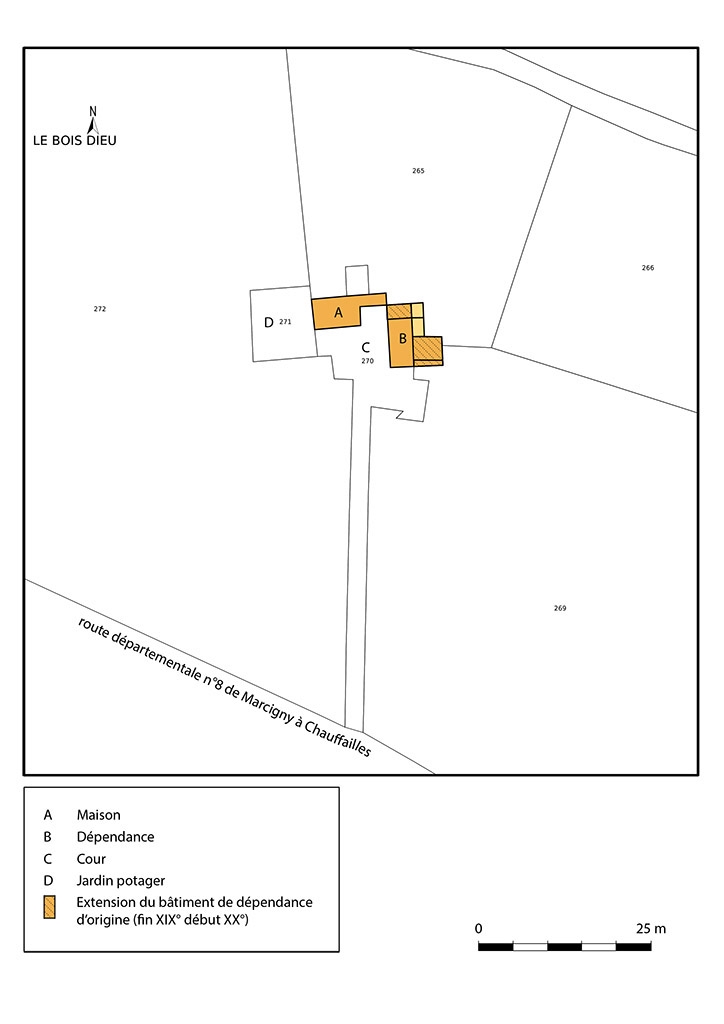 Plan masse et de situation de l'écart de Chaumont. Extrait du plan cadastral, 2021, section C, échelle 1/500 e.