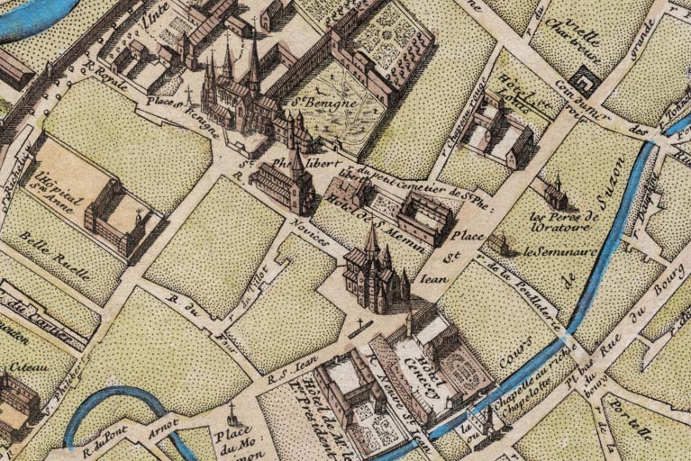 Nouveau plan de la ville [... par de Beaurain, montrant la cathédrale Saint-Bénigne et les églises Saint-Philibert et Saint-Jean]. 1767.