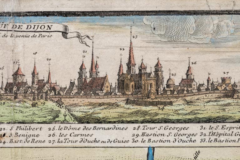 Veüe de Dijon du cotté de la venüe de Paris [... par André Gambu, intégrée au Nouveau plan de la ville... par de Beaurain, corrigé en 1767]. L'église Saint-Jean, sous l'extrémité droite du phylactère, porte le numéro 21.