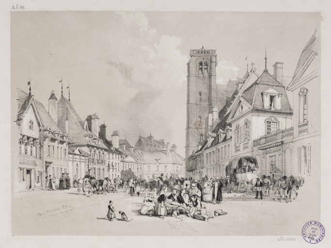 [La place Bossuet, avec une tour de l'église Saint-Jean]. Octobre 1834.