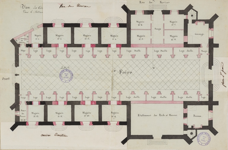Plan des constructions à faire pour l'établissement des foires dans le bâtiment de la ci-devant église St Jean de Dijon [plan, rabats baissés]. 4 janvier 1813.
