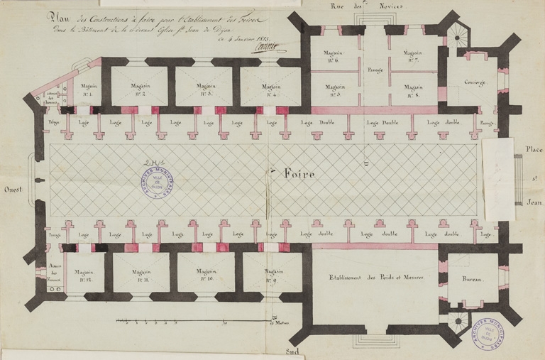 Plan des constructions à faire pour l'établissement des foires dans le bâtiment de la ci-devant église St Jean de Dijon [plan, rabats levés]. 4 janvier 1813.