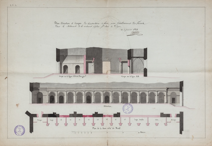 Plan des constructions à faire pour l'établissement des foires dans le bâtiment de la ci-devant église St Jean de Dijon [plan et élévation des aménagements intérieurs côté nord, et coupe transversale]. 4 janvier 1813.