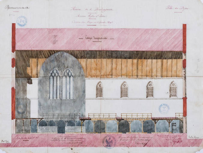 Réserve de la boulangerie (ancienne église St Jean). Création d'un étage sur la grande nef. Coupe longitudinale. 10 juin 1860.
