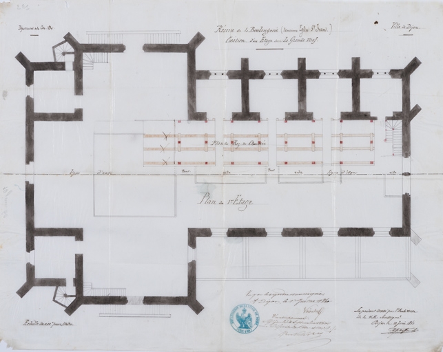 Réserve de la boulangerie (ancienne église St Jean). Création d'un étage sur la grande nef [plan]. 10 juin 1860.