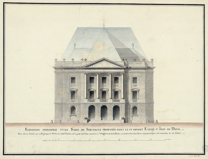 Elévation principale d'une salle de spectacle projettée dans la cy devant Eglise Saint-Jean de Dijon [par Ubriot de Montfeu ?]. S.d. [fin 18e siècle ou début 19e siècle].