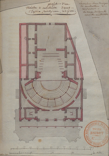 Projet d'un théâtre à construire dans l'église Saint-Jean, à Dijon [plan, d'après Pierre Joseph Antoine]. S.d. [décennie 1800].