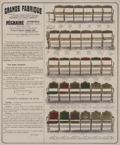 Grande fabrique spécialisée dans les fauteuils & strapontins pour théâtres, cinémas [...] Péghaire constructeur. S.d. [années 1920-1930].