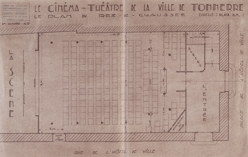 Le cinéma-théâtre de la ville de Tonnerre. Le plan du rez-de-chaussée. 1943.