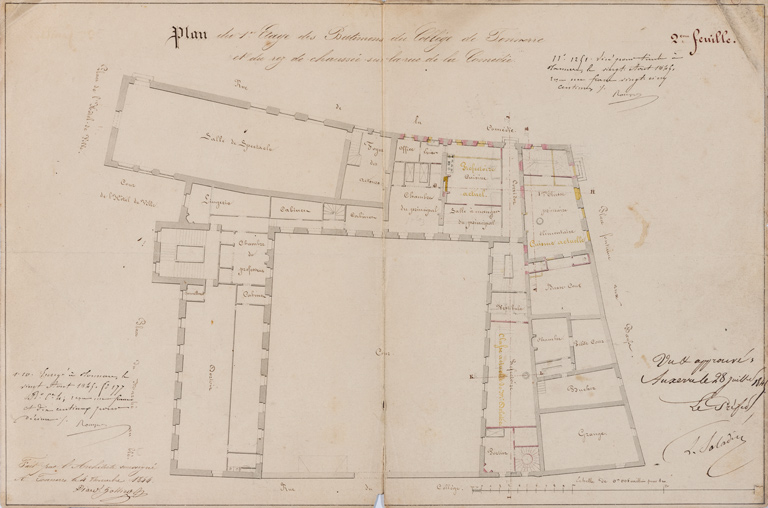 2ème feuille. Plan du 1er étage des bâtimens du collège de Tonnerre et du rez-de-chaussée sur la rue de la Comédie. 1844.