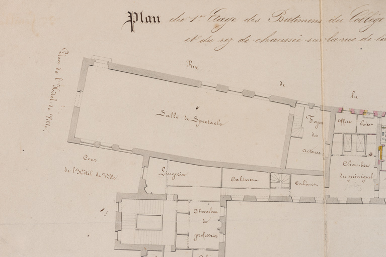 2ème feuille. Plan du 1er étage des bâtimens du collège de Tonnerre et du rez-de-chaussée sur la rue de la Comédie [détail : la salle de spectacle]. 1844.