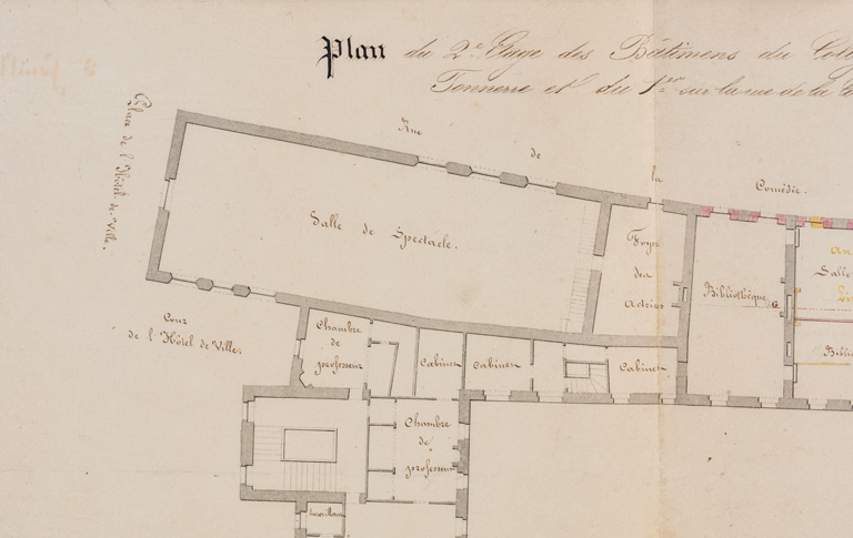 3ème feuille. Plan du 2e étage des bâtimens du collège de Tonnerre et du 1er sur la rue de la Comédie [détail : la salle de spectacle]. 1844.