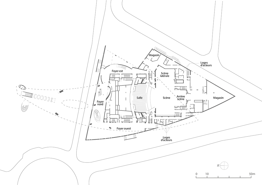 Plan au rez-de-chaussée (niveau 1,20 m). D'après un plan non daté fourni par l'Opéra de Dijon.