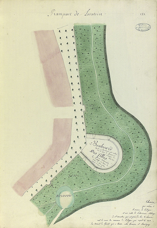 Plan en feuilles de la ville de Beaune. 1783 : boulevard des Filles et remparts de l'Oratoire