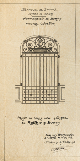 Projet de grille entre la galerie de recettes et les bureaux (8 septembre 1908).