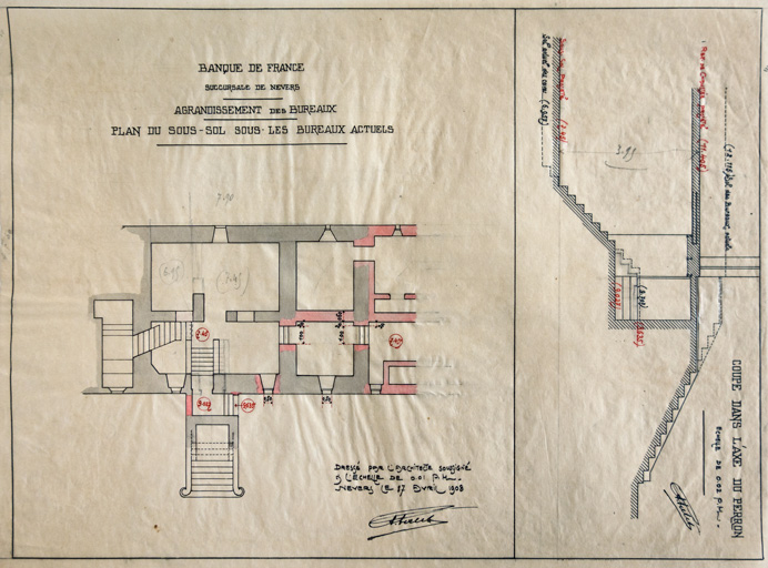 Plan et coupe du sous-sol (7 avril 1908).
