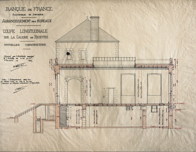 Coupe sur la galerie de recettes, projet d'extension (1907).