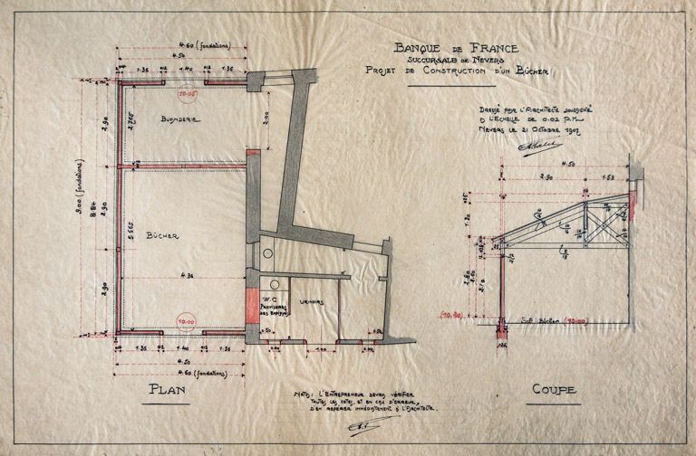 Plan et coupe, projet de construction d'un bûcher (21 octobre 1907).