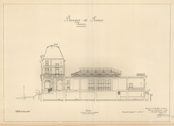 Coupe sur le hall du public, projet d'extension (15 janvier 1924).