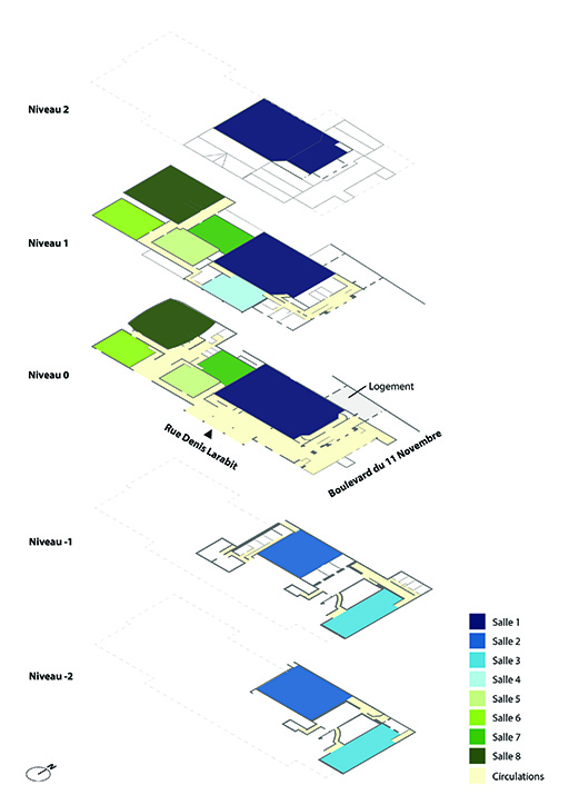 Croquis de réparttion des salles par niveau (d'après des plans non signés fournis par la direction).