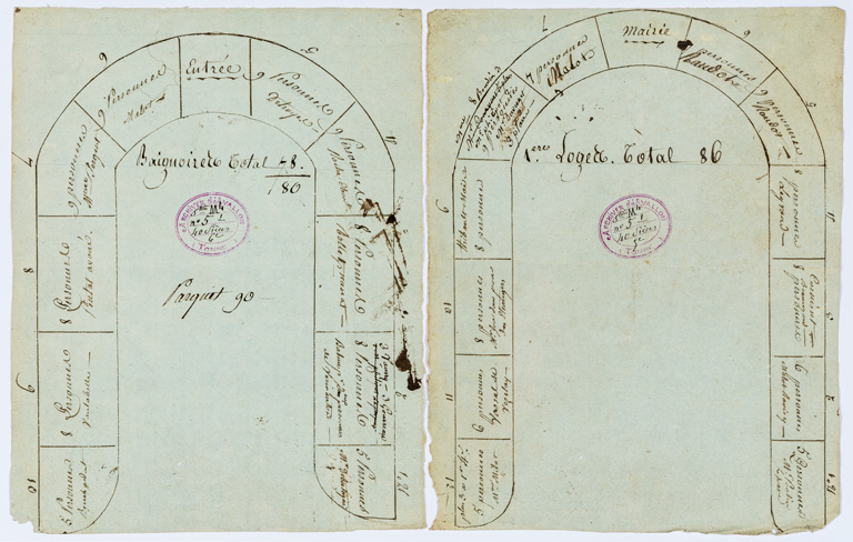 [Croquis pour la location des places]. 1ères loges [et] Baignoires. Parquet. S.d. [an 13 (1805) ?].