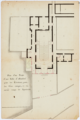 [Projet de salle de réunion et de spectacle dans l'église des capucins]. Plan d'un projet d'une salle d'assemblée pour les élections, pour les fêtes civiques, et en même temps de spectacle. S.d. [entre 1792 et 1795].