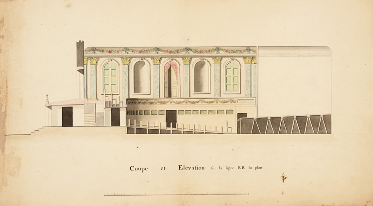 [Projet de salle de réunion et de spectacle dans l'église des capucins]. Coupe et élévation sur la ligne KK du plan. S.d. [entre 1792 et 1795].