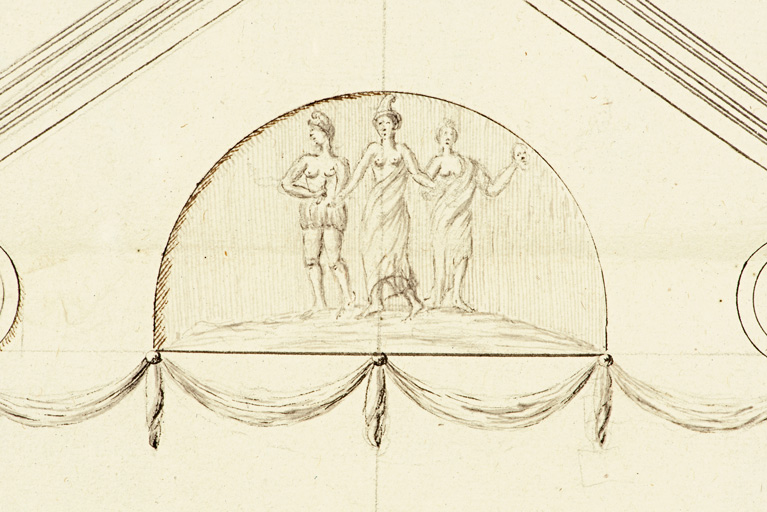 [Théâtre : élévation avec pignon orné et balcon. Détail du décor du pignon]. S.d. [an IX (1800-1801) ?].