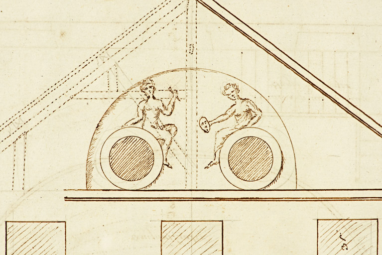 [Théâtre : plan et élévation. Détail du décor du pignon]. S.d. [an IX (1800-1801) ?].