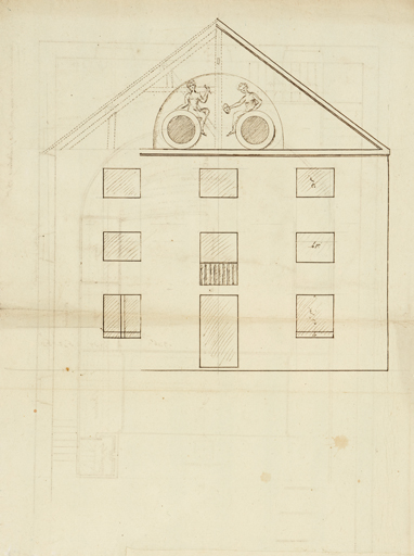 [Théâtre : plan et élévation. Elévation avec pignon orné et indication de la charpente]. S.d. [an IX (1800-1801) ?].