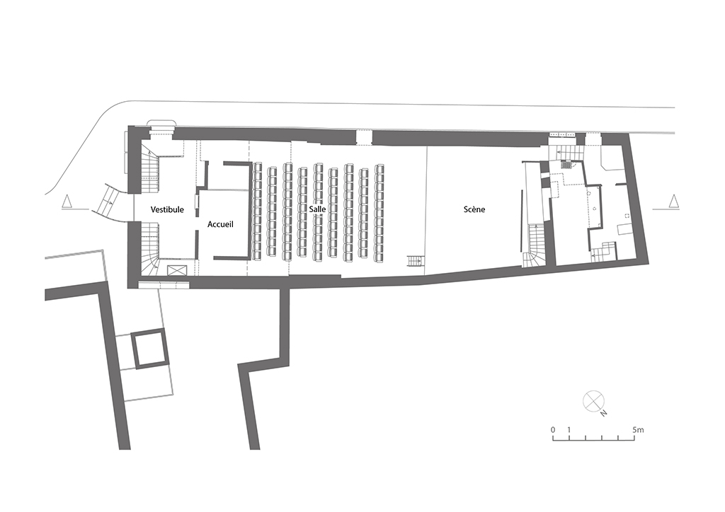 Plan du rez-de-chaussée en 2022, avant transformation. D'après un plan du cabinet Equipage Architecture, 21 novembre 2022.