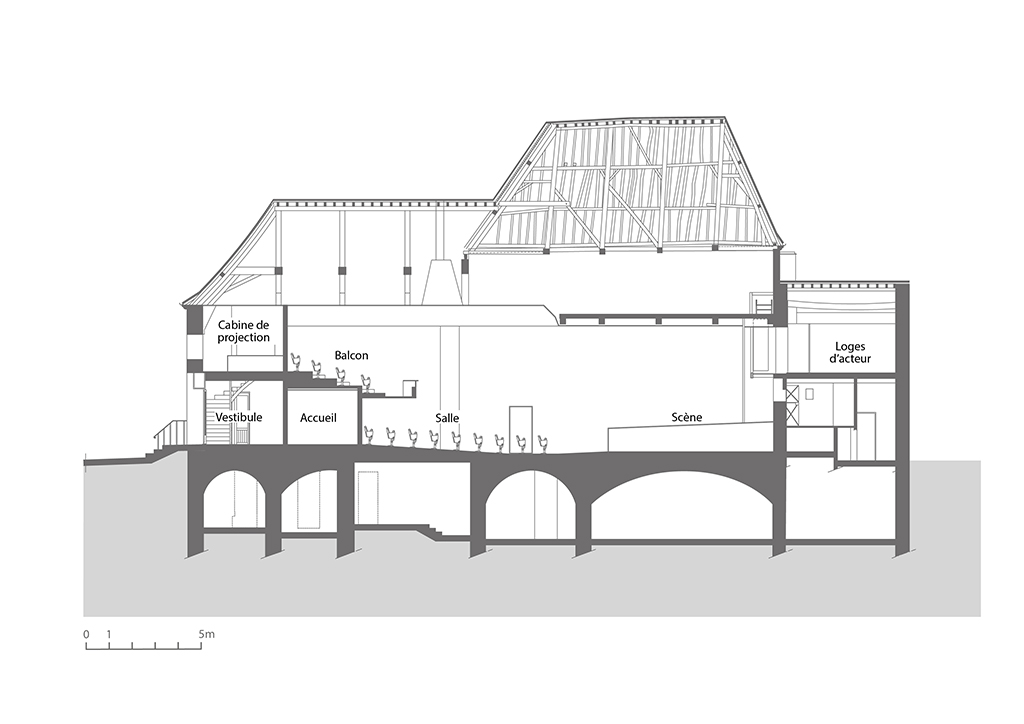 Coupe longitudinale en 2022, avant transformation. D'après une coupe du cabinet Equipage Architecture, 21 novembre 2022.