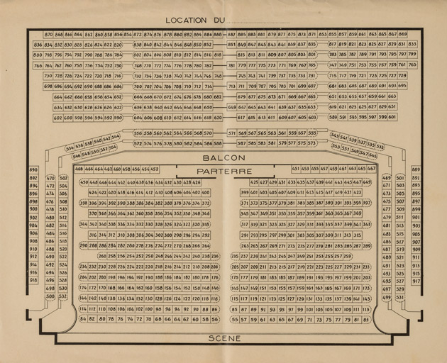 Location du... [plan de repérage des places du théâtre]. S.d. [décennie 1950 ?].