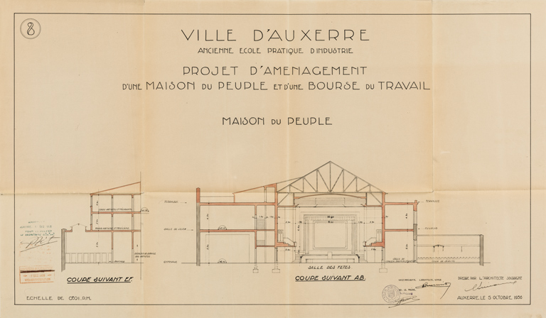 Projet d’aménagement d’une maison du peuple et d’une bourse du travail. 8. Maison du peuple [coupes]. 5 octobre 1936.