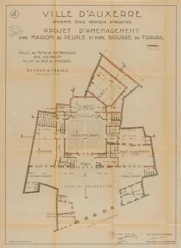 Projet d’aménagement d’une maison du peuple et d’une bourse du travail. 4. Salle des fêtes et patronages rue Joubert, plan du rez-de-chaussée [..] 5 octobre 1936.
