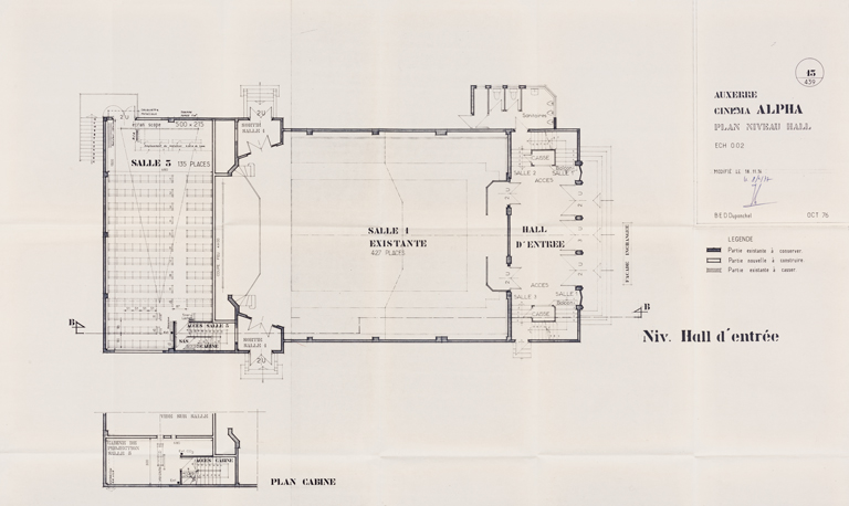 Auxerre. Cinéma Alpha. Plan niveau hall. 1976.