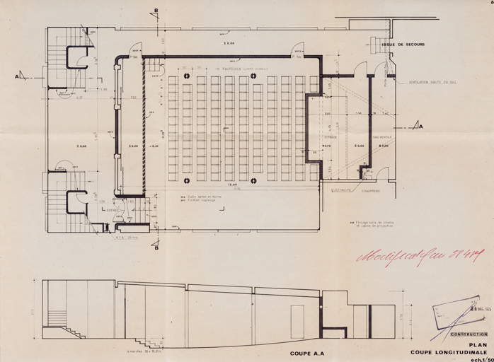 Société du Cinéma Alpha [aménagement d’une salle en sous-sol]. Plan, coupe longitudinale. 1975.