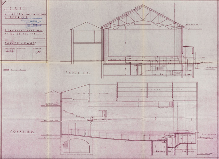 SECA Le Casino. Bould du 11 Novembre à Auxerre. Agrandissement de la salle de spectacles. Coupes AA' et BB'. Avril 1966.