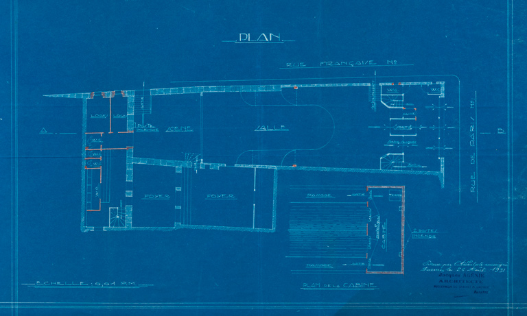 Select Cinéma [...] Projet de transformation de l’entrée et aménagement de WC et de cabine. [Détail : ] Plan. 26 août 1931.