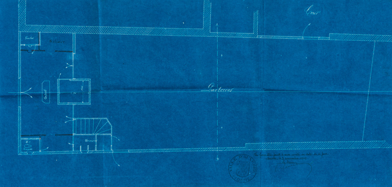 [Plans et coupes du cinéma projeté pour Henri Botex]. Parterres. S.d. [1909].
