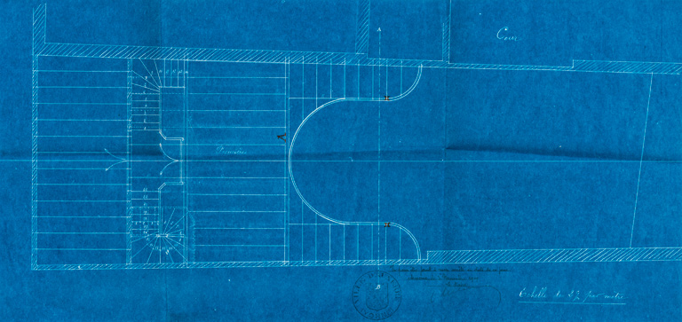 [Plans et coupes du cinéma projeté pour Henri Botex]. Premières. S.d. [1909].