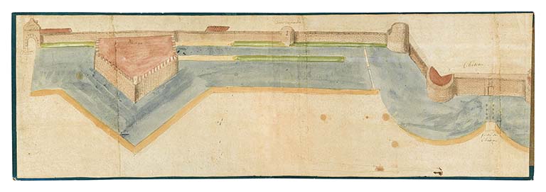 Plan et vue de l’enceinte des murailles et fortifications de la ville de Beaune (17e siècle) : rempart, bastion Sainte-Anne et château.